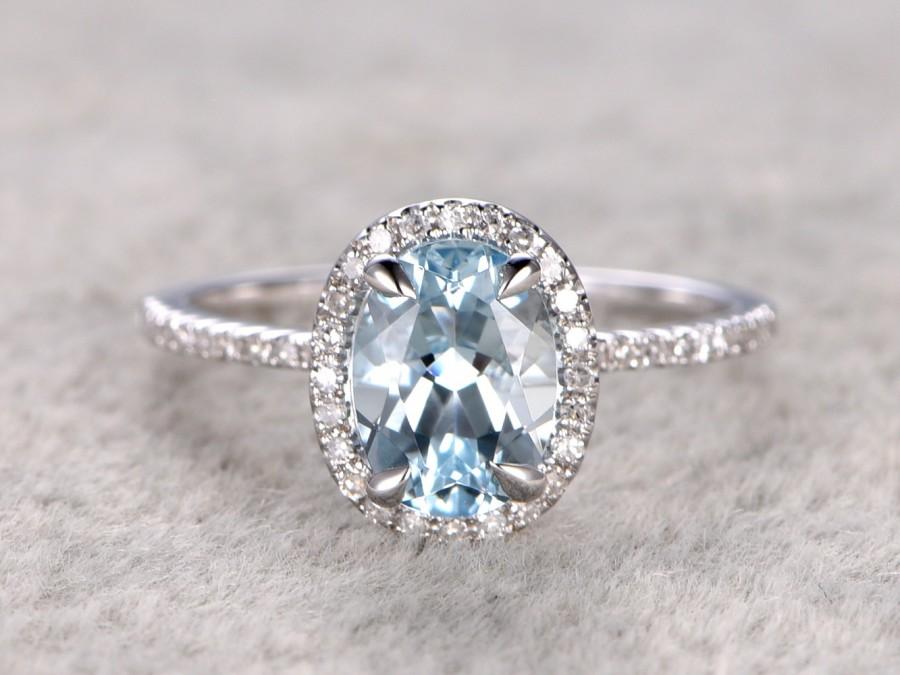 Hochzeit - Natural Blue Aquamarine Ring! Engagement ring White gold with Diamond,Bridal ring,14k,6x8mm Oval Cut,Blue Stone Gemstone Promise Ring,Halo