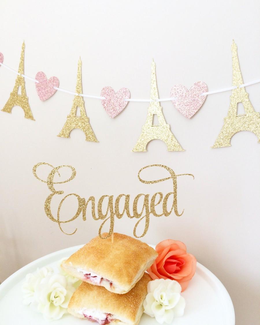 Mariage - Engaged Cake Topper,  Glittery Cursive (cute party supplies, engagement party, simple decorations)