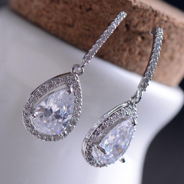 Mariage - Bridal Earrings Cubic Zirconia Teardrop Earrings Sparkly Celebrity Inspired Jewelry Sterling Silver Post Bridesmaid Gift Wedding Jewelry
