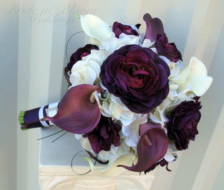 Hochzeit - Wedding bouquet, Purple white calla lilies Ranunculus Bridal Flowers