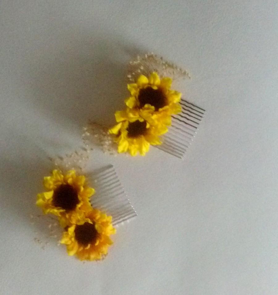 Mariage - Sunflower bridesmaids Hairpiece mini comb flower girl headpiece dried babys breath Woodland barn weddings Bridal party Accessories