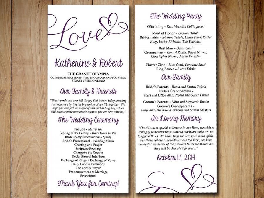 Hochzeit - DIY Wedding Program Template - Eggplant Purple "Love" Heart Printable - Tea Length Program - Order of Service - Calligraphy Program