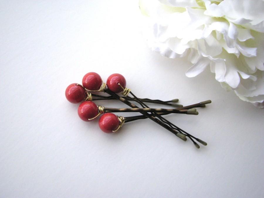 Hochzeit - Red Coral Hair Pins, Bridesmaid Hairpin Set