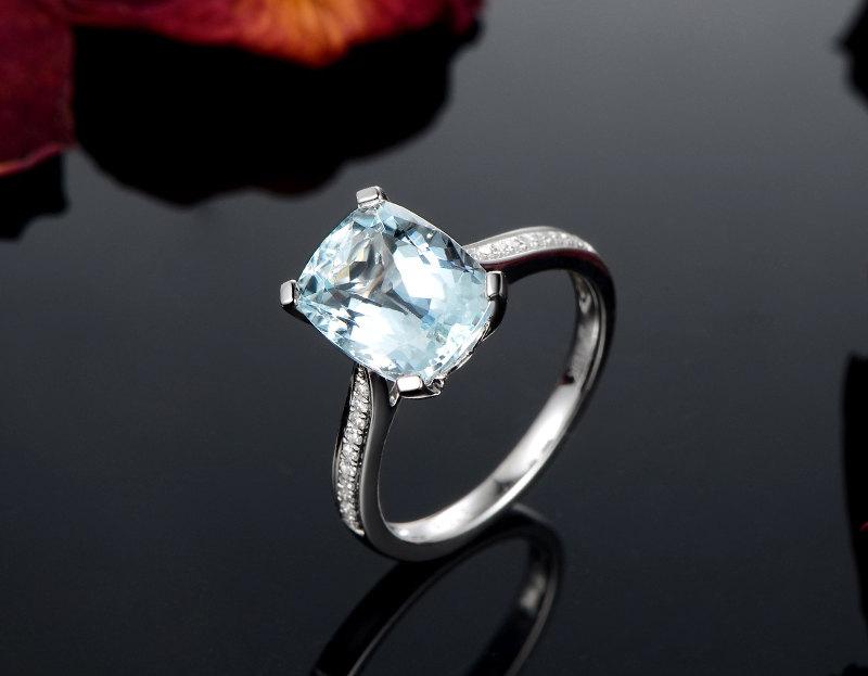 Wedding - Natural Aquamarine Ring Cushion Cut Aquamarine Diamond Accent Ring in 14K White Gold March Birthstone Ring Diamond Engagement Wedding Ring