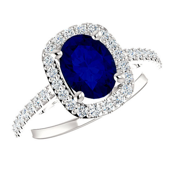 زفاف - 8x6mm Oval Blue Sapphire & Diamond Halo Engagement Ring 14k, 18k or Platinum, Vintage Inspired Rings, Sapphire Anniversary Rings for Women