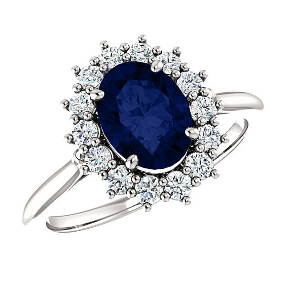 زفاف - 8x6mm Oval Sapphire & Diamond Halo Engagement Ring, Princess Diana Inspired Ring, Classic Engagement Rings for Women, September Birthstone