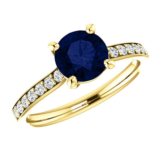 زفاف - 6.5mm Blue Sapphire & Diamond Engagement Ring 14k Yellow Gold, Solitaire, Anniversary Jewelry Gifts for Women, Birthstone Rings, 1 Carat