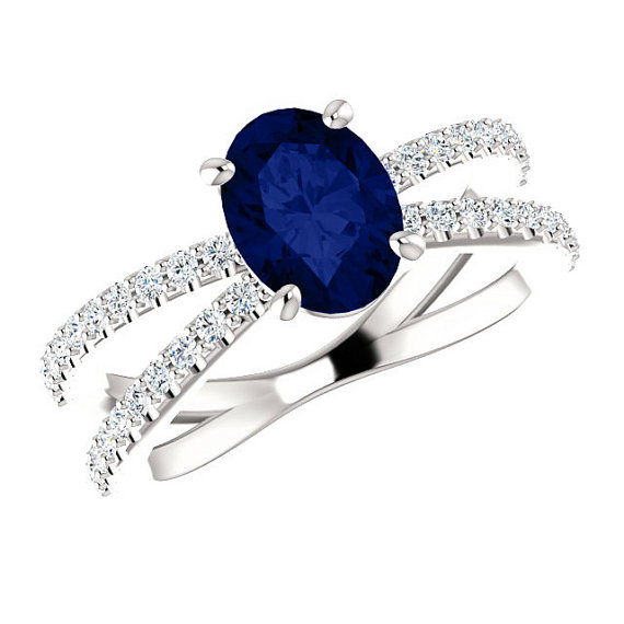 Wedding - 8x6mm Oval Blue Sapphire & Diamond Criss-Cross Engagement Ring 14k 18k or Platinum Double Band Sapphire Rings for Women September Birthstone