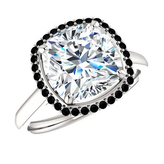 زفاف - 9mm Cushion Forever One Moissanite & Black Diamond Engagement Ring Solitaire 14k White Gold, 18k or Platinum, Moissanite Rings for Women 3ct