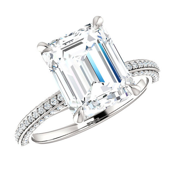 زفاف - 10x8mm 3 Carat Emerald-Cut Forever Brilliant Moissanite & Diamond Solitaire Engagement Ring, Moissanite Rings 14k, 18k or Platinum, 3 Carat