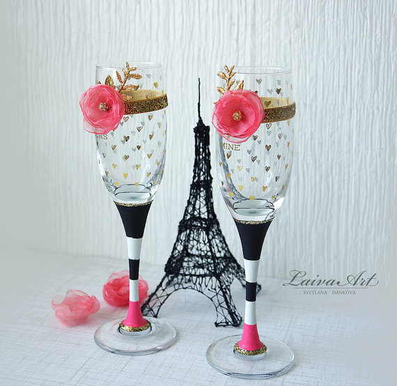 Mariage - Wedding Champagne Flutes Champagne Glasses Black White Gold & Hot Pink Wedding Toasting Flutes