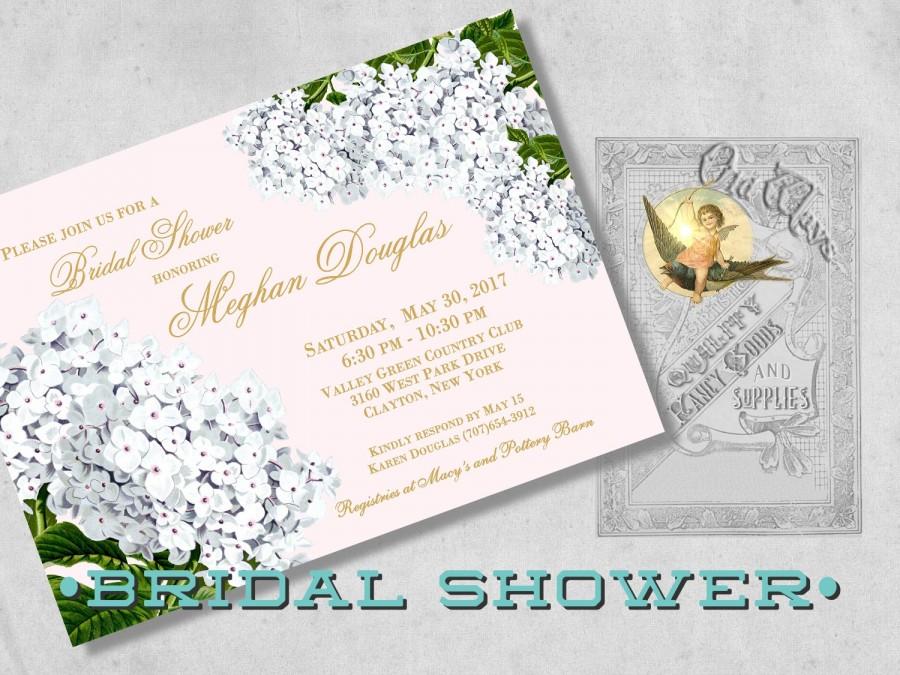 Hochzeit - Printed Blush Pink and Gold Bridal Shower Invitation with White Hydrangeas, Vintage Cottage Chic Shower Invite - Custom Floral Invitation