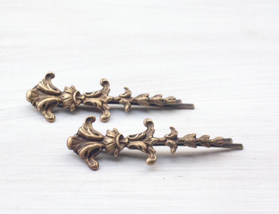 Mariage - Antique hair pins bridal brass bobby pins bronze hair slides vintage style wedding hair accessories French rococo