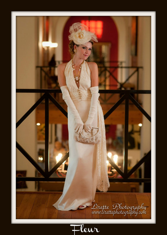 Hochzeit - 1930s Wedding Dress/1930 Art Deco / Ivory Champagne Lace Halter and Satin Gown