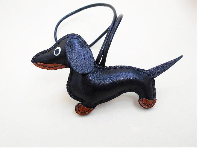 Wedding - Leather  Dachshund Bag Charm Accessories for bag Black and tan Cute Gift Animals Dog Leather cord