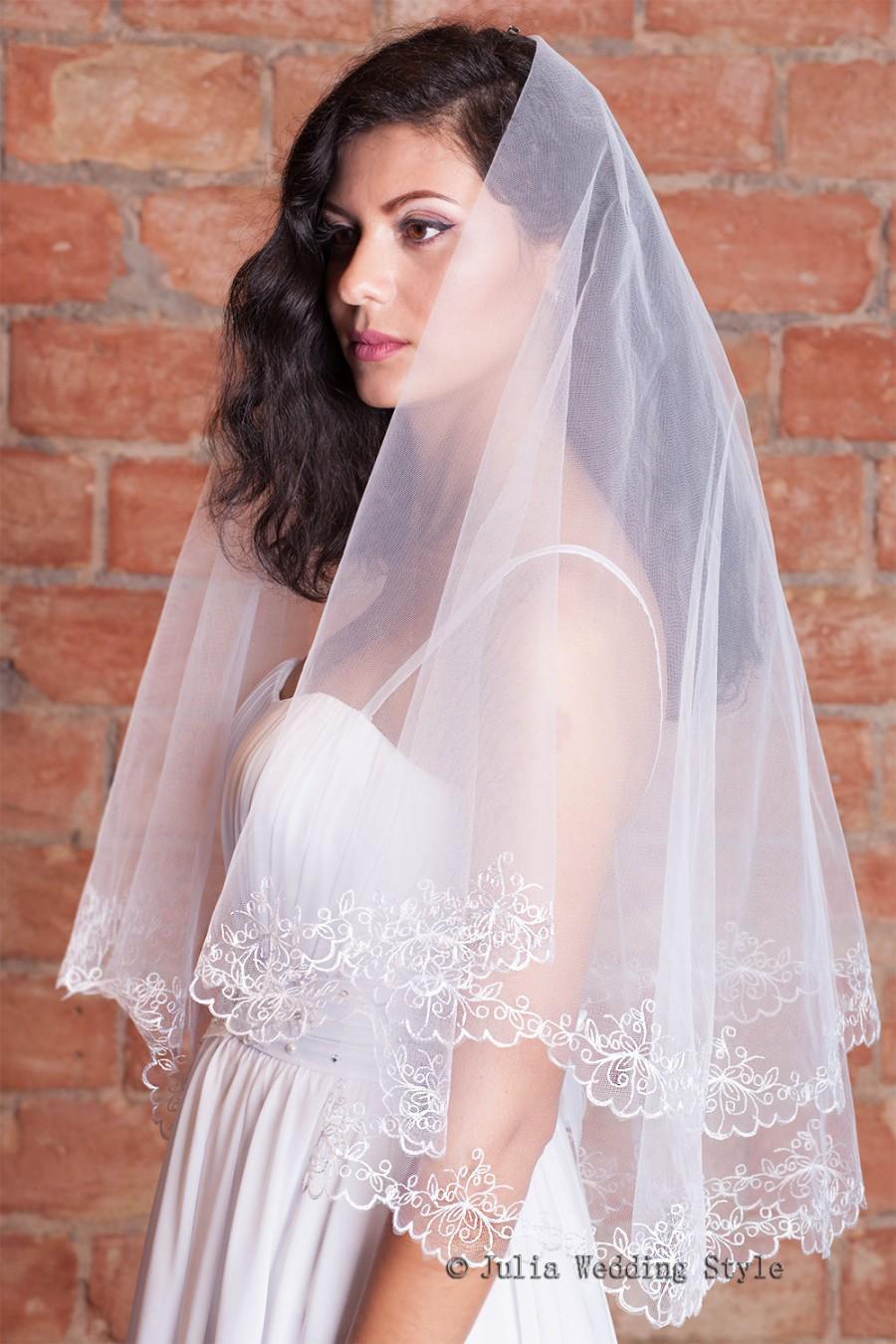 Wedding - 2 tier veil,Waist length tulle veil,embroidered veil,Circle veil,white tulle veil,classic veil,long white veil,custom veil,short veil