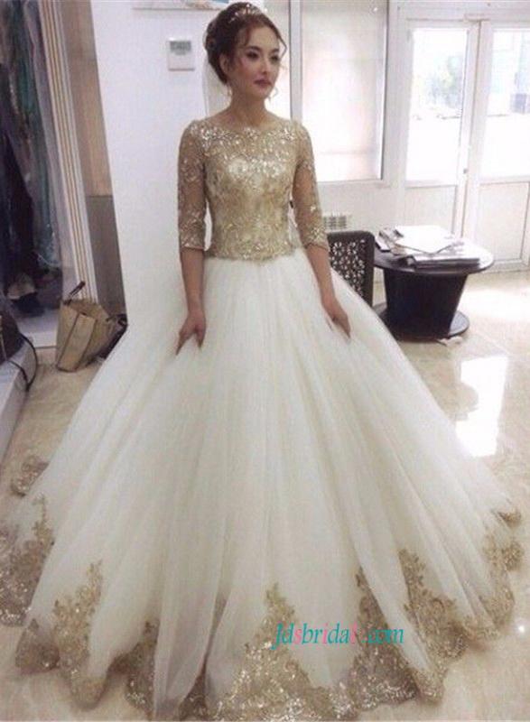 Hochzeit - Glitter gold sequined lace ball gown wedding dress