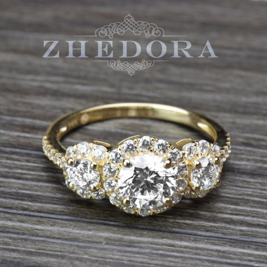Hochzeit - 1.85 CT Engagement Ring Round Cut halo 14k SOLID Yellow Gold Bridal Band Three Stone Yellow Gold Triple Halo Ring Engagement Ring