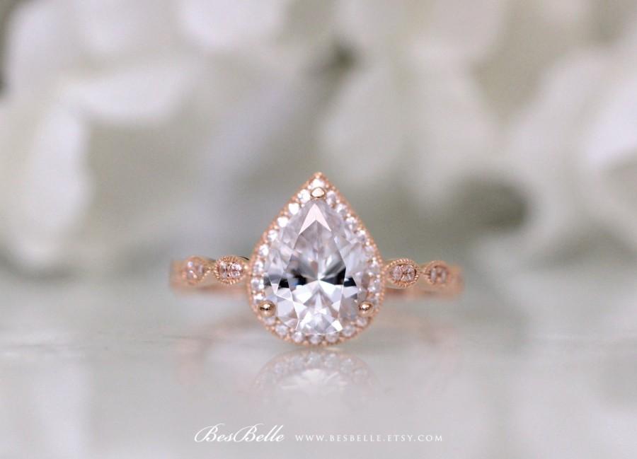 Wedding - Rose Gold Art Deco Ring-Art Deco Ring-Art Deco Engagement Ring-2.70 ct.tw Pear Cut Diamond Simulants-925 Sterling Silver [6253RG-1]