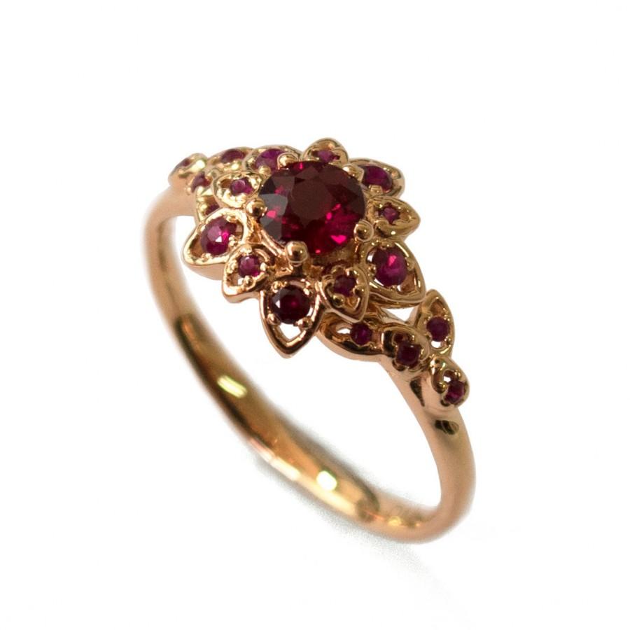 Hochzeit - Ruby Petal Engagement Ring - 18K Rose Gold and Ruby engagement ring, leaf ring, flower ring, natural ruby ring,halo ring,rubies leaf ring,2B
