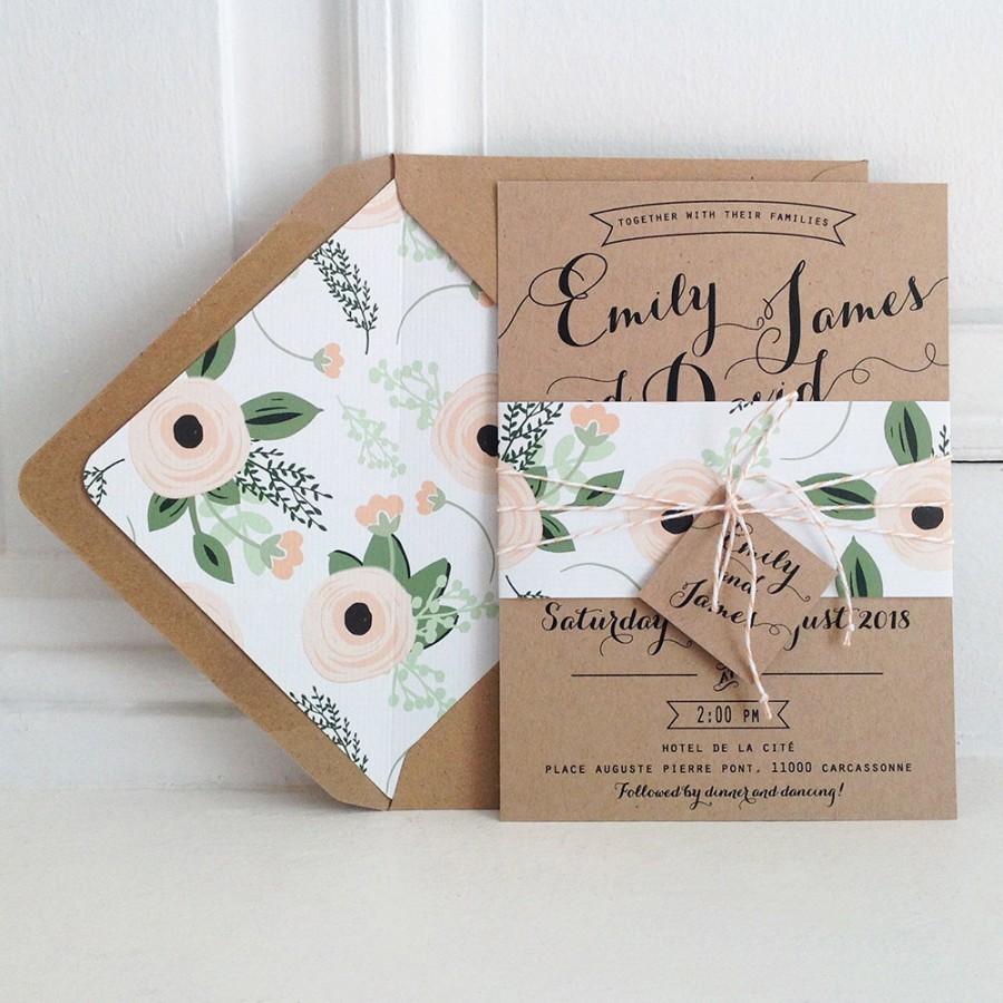 Wedding - Kraft Wedding Invitation Suite, Kraft lined envelopes, Bakers Twine, Floral Wedding Invitations