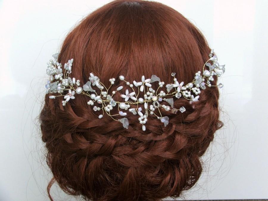 زفاف - Isabelle Pearl Bridal Headdress, Bohemian Halo, Wedding Hair Vine, Bridal Forehead Jewellery
