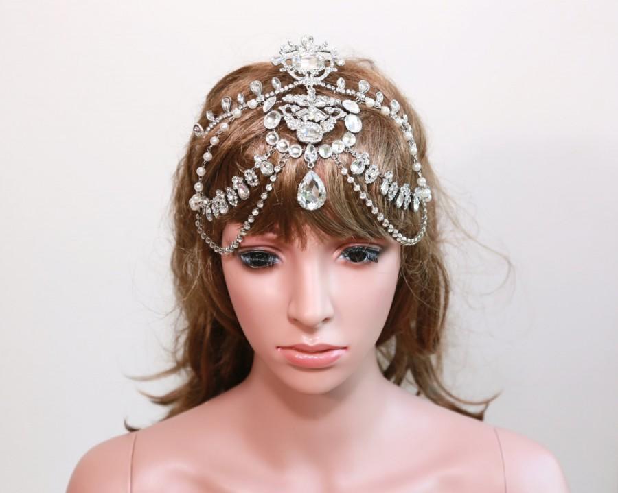 Wedding - Rhinestone Crystal Bridal Tikka, Vintage Wedding Hair Chain Tikka, Rhinestone Drape Tiara Headpiece, Bridal Forehead Headband Hair Accessory