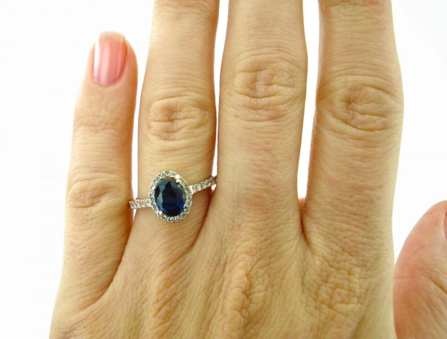 زفاف - 14K Solid Gold Ring, Blue CZ Ring in 14K Gold, Oval And Round Shape Halo Cz Gold Ring, Engagement Ring, Bridal Ring, Free Shipping