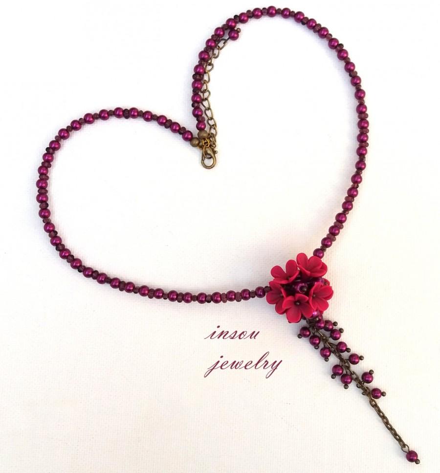 زفاف - Flower Necklace, Pearl Necklace, Wedding Necklace, Purple Necklace, Romantic Necklace, Statement Necklace, Flower Jewelry, Handmade Necklace