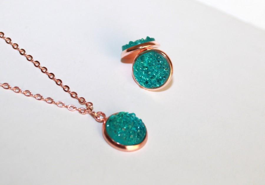 Wedding - SALE Rose Gold Plated Clear Aqua Blue Druzy Necklace & Stud Earrings Jewelry / 12 mm, Bridesmaid set of 3, 4, 5, 6, 7, 8, 9, 10 Gift for her