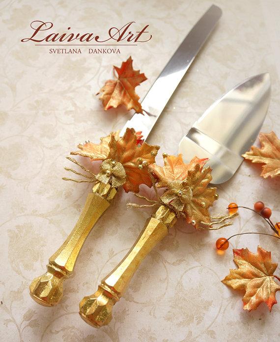 Mariage - Fall Leaves Wedding Cake Server Set & Knife Gold Fall Thanksgiving Wedding Cake Cutter