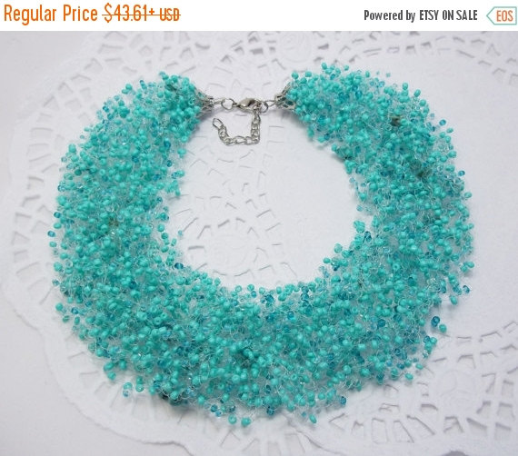 Mariage - SALE Mint bridesmaid necklace multistrand lite turquoise air choker Bead crochet  natural stone wedding bridal accessory ocean sea Summer co
