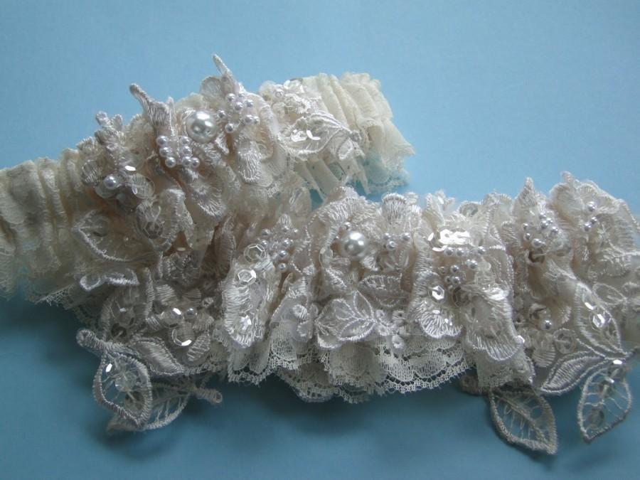 Hochzeit - Ivory Wedding Garter Set in Beaded Embroidered with Something Blue, Wedding Garters, Garters, Weddings