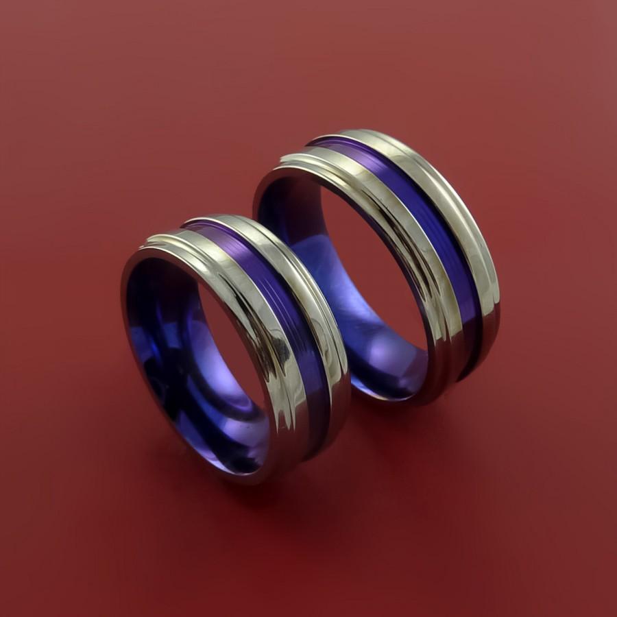 Hochzeit - Titanium and Purple Anodized Matching Ring Set Custom Made Bands to Any Sizing and Finish 3-22