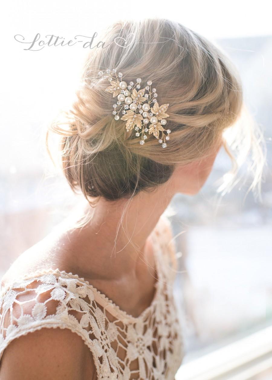 زفاف - Gold Boho Hair Vine, Laurel Leaves Bridal Large Hair Comb,Wedding Gold Pearl Hair Wreath, Bohemian Grecian Wedding Headpiece - 'ANYA'