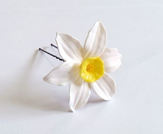 زفاف - Large Daffodils Hair Pin, Flowers Hair Accessory, Yellow - White Daffodils Hair Pin, Hair Pin Flowers