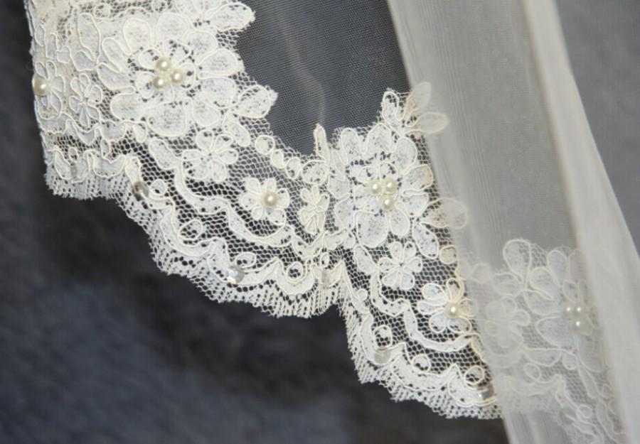 زفاف - Wedding, bridal veil, the cathedral veil, Alencon Lace Veil 4.5 meters veil, white veil, ivory veil, hand-beaded pearl sequins veil