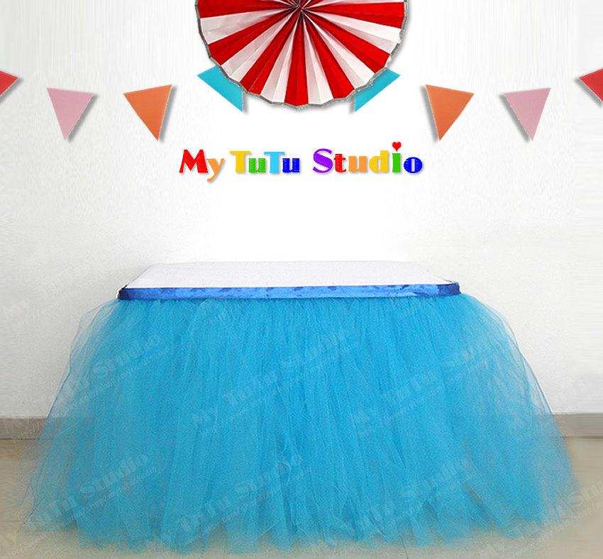 زفاف - Bright Cerulean Tulle Table Skirt Table TuTu for Baby Shower, Bridal Shower, Wedding, Birthday, Fancy Table Skirt, Princess Party TSK01005