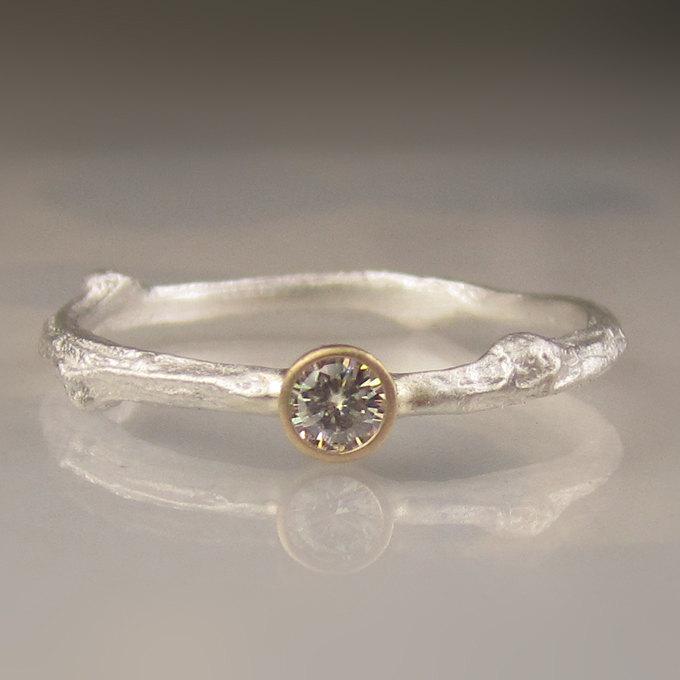 Свадьба - Moissanite Twig Ring - Moissanite Engagement Ring, Sterling Silver and 14k Yellow Gold