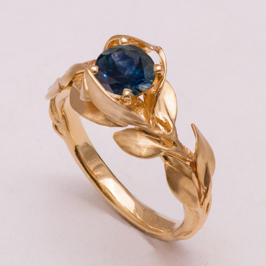 زفاف - Leaves Engagement Ring No. 7 - Gold and Sapphire engagement ring, Unique Engagement Ring, leaf ring, antique, vintage, leaves Sapphire ring