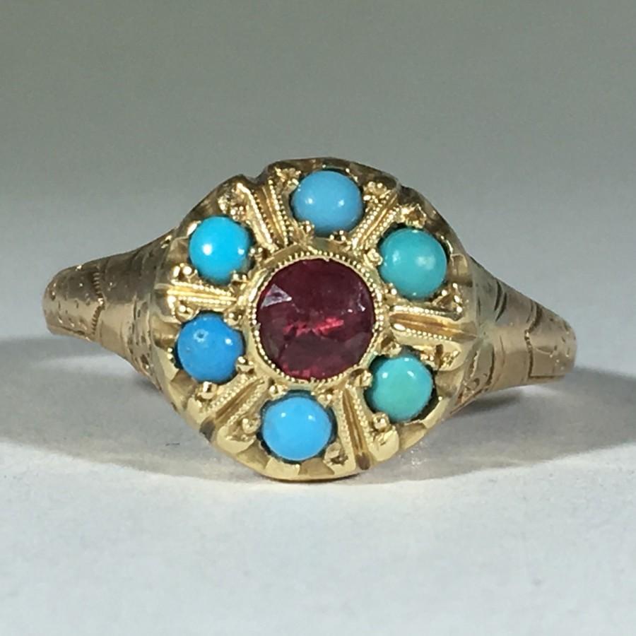 Wedding - Vintage Turquoise and Tourmaline Ring. 14K Yellow Gold Art Nouveau Ring. Unique Engagement Ring. Estate Fine Jewelry.  December Birthstone.