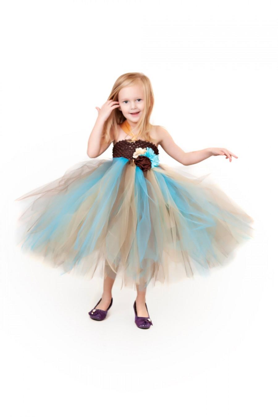 Mariage - Brown, Gold and Turquoise Flower Girl Tutu Dress/ Shabby Chic Wedding/ Spring Wedding/ Country Wedding