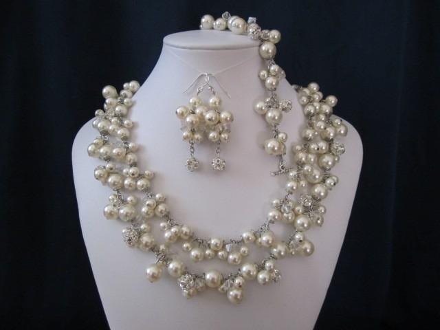زفاف - Queen Set cluster bridal jewelry, pearl necklace, bracelet, and earrings, swarovski pearls, wedding jewelry, bridal jewelry, pearl necklace