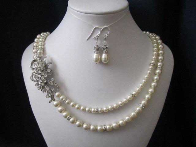 Hochzeit - ELISA double strand wedding, bridal jewelry, wedding necklace, bridal necklace, pearl necklace earrings, swarovski pearls rhinestones brooch