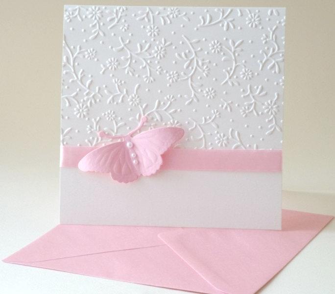 Wedding - Christening invitation/Unique baby shower invitation/Butterfly handmade wedding invitation/Pink and white  invitation/Baptism invitation
