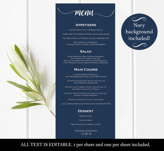 Wedding - Printable Wedding Menu - DIY Navy Menu - Editable Menu - Navy wedding menu - Wedding Menu - PDF instant download wedding menu 