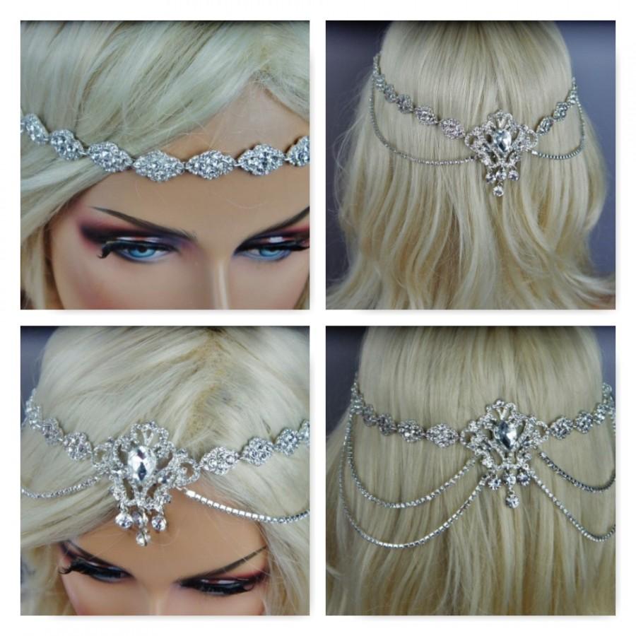 Hochzeit - Rhinestone Head Chain, Boho/Halo Vintage Wedding Headband, Customizable, Backside Or Forehead  Head Chain,