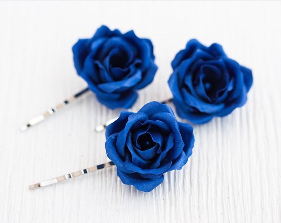 Wedding - 72_Deep blue rose hair pin, Bridesmaid hair rose, Wedding roses hair, Rose clip, Fabric roses Bridal silk hair roses Blue flowers Floral pin