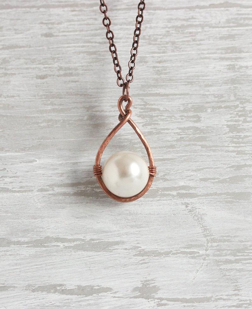 Mariage - Copper Pearl Necklace, Copper Hoop Pendant, Copper Pearl Pendant, Swarovski Pearl Necklace,Big Pearl Necklace,Copper Necklace,Copper Jewelry