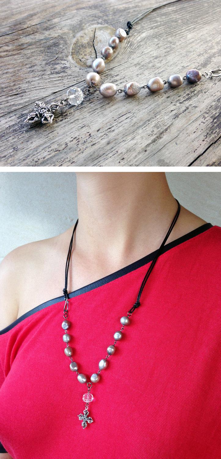 زفاف - Grey pearl necklace with crystal and vajra pendant, adjustable leather cord